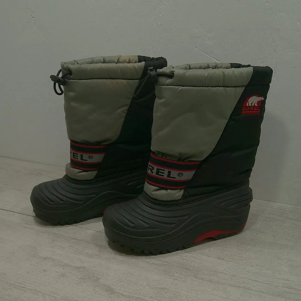 Sorel Waterproof Gray Red Youth Cub LIA Winter Snow Boots w/ Inserts Size 13